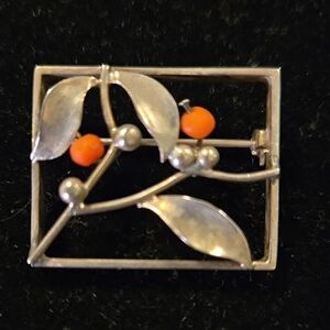 Art Nouveau Brooch Silver Coral Mistletoe